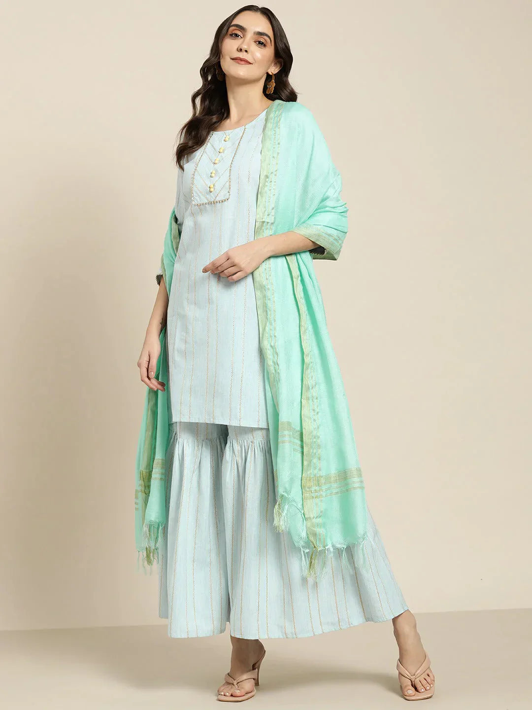 Jompers Women's Turquoise Blue Woven Design Gotta Patti Kurta with Sharara & Dupatta