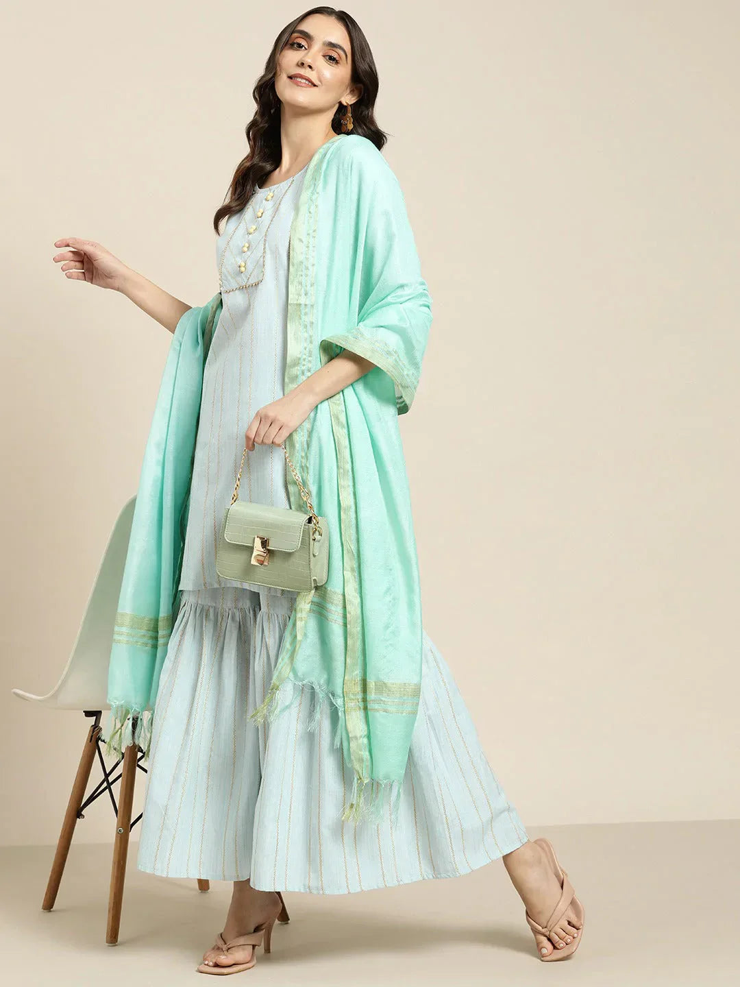 Jompers Women's Turquoise Blue Woven Design Gotta Patti Kurta with Sharara & Dupatta