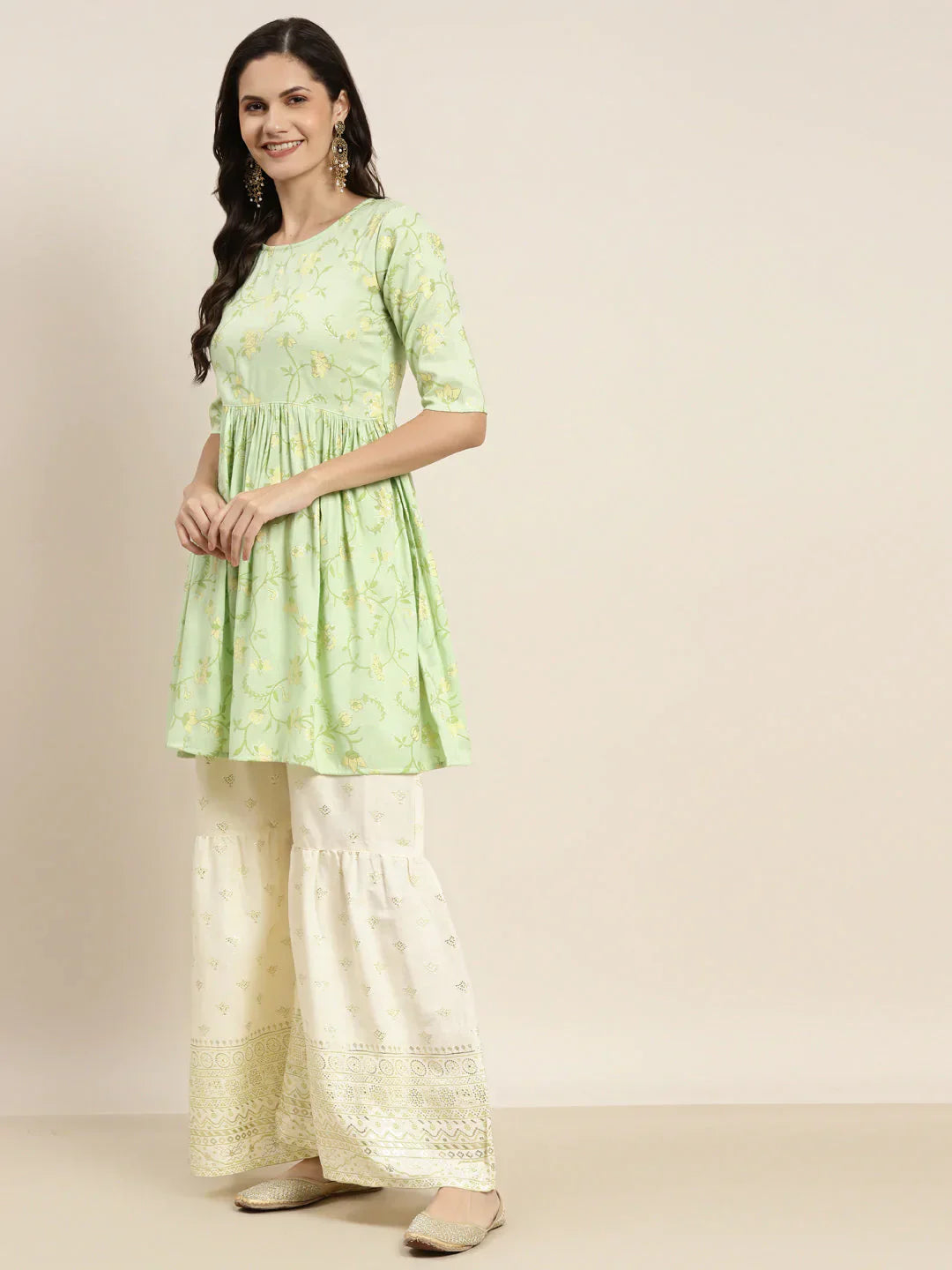Jompers Women's Green Kurta with Sharara & Dupatta - Green