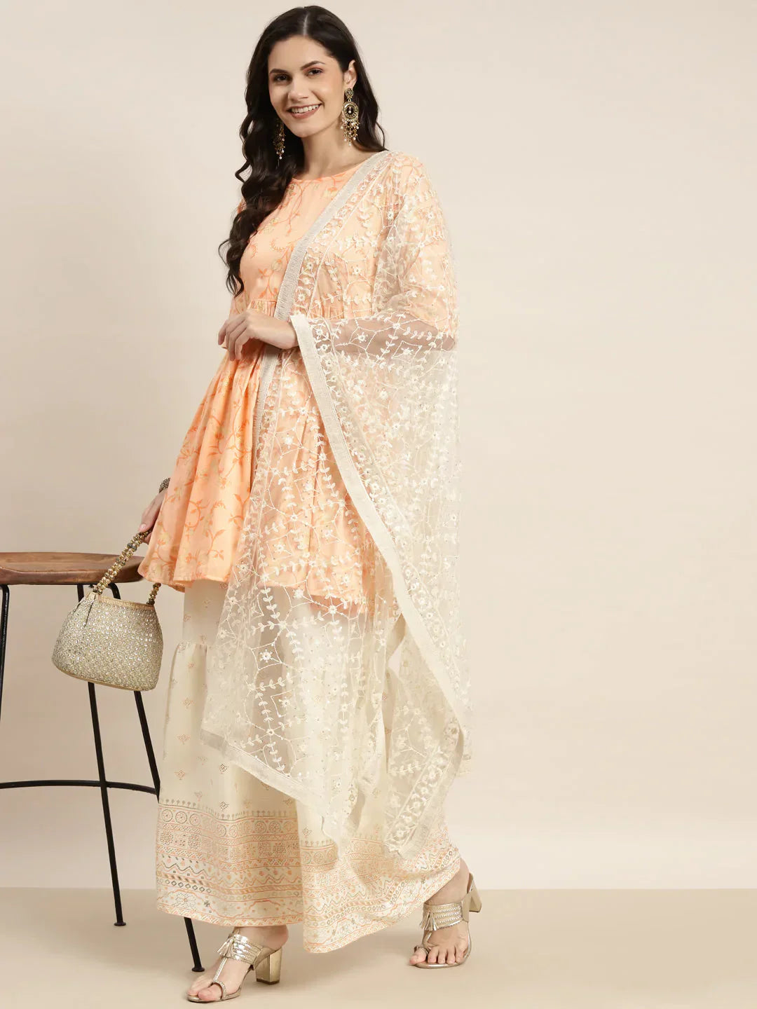 Jompers Women's Orange Kurta with Sharara & Dupatta - Orange