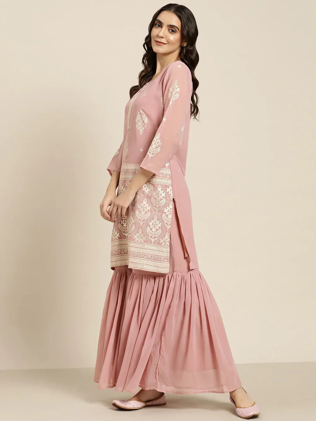 Jompers Women's Pink & Silver Ethnic Motifs Foil Printed Straight Kurta Sharara Dupatta