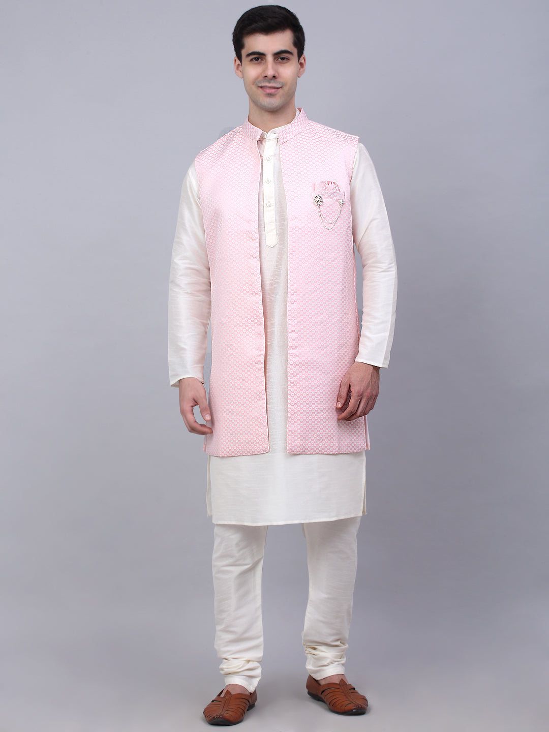 Jompers Men's Solid Kurta Pyjama With Shrug Jacket - Pink