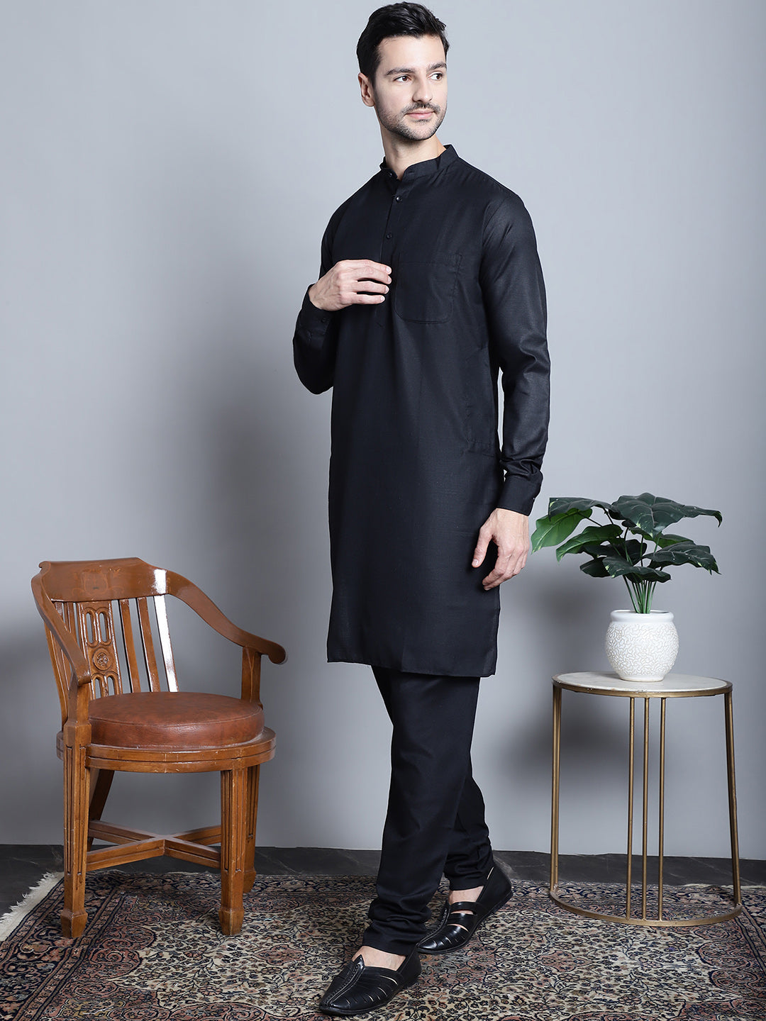 Jompers Men's Digital Print and Zari Work Nehru Jacket With Kurta Pyjama Set - Blue