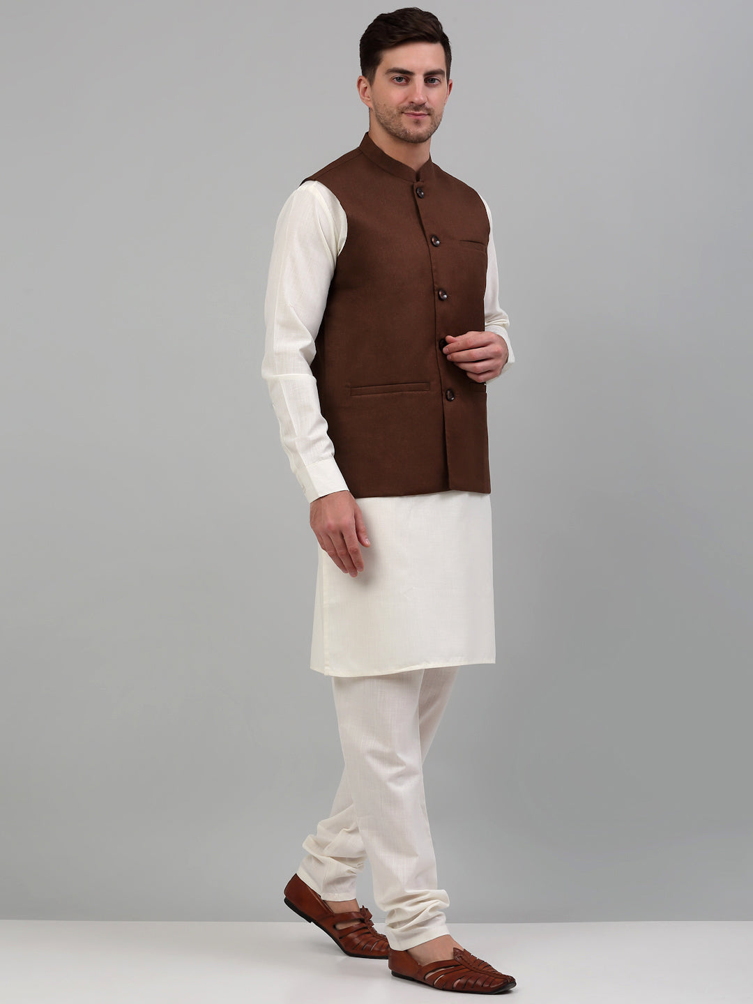 Jompers Men's Nehru Jacket with White Kurta Pyjama