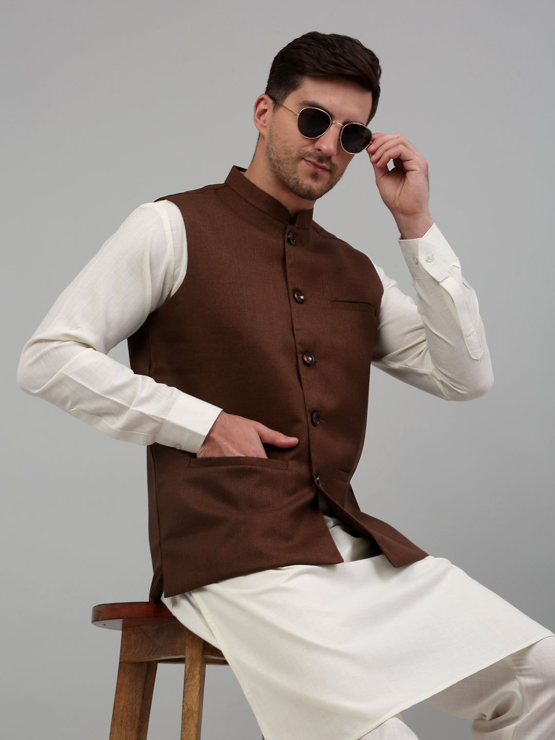 Jompers Men's Nehru Jacket with White Kurta Pyjama