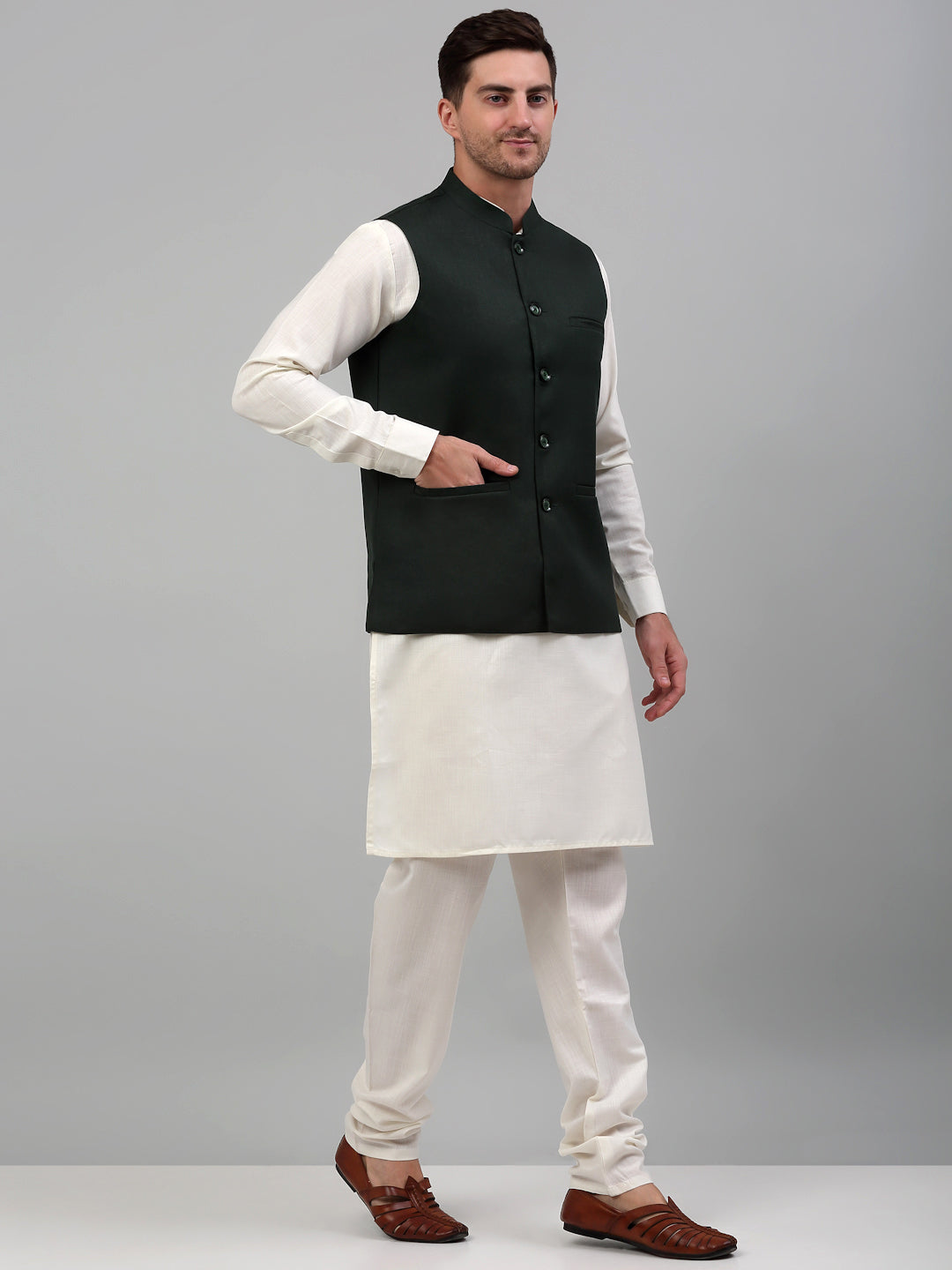 Jompers Men's Nehru Jacket with White Kurta Pyjama