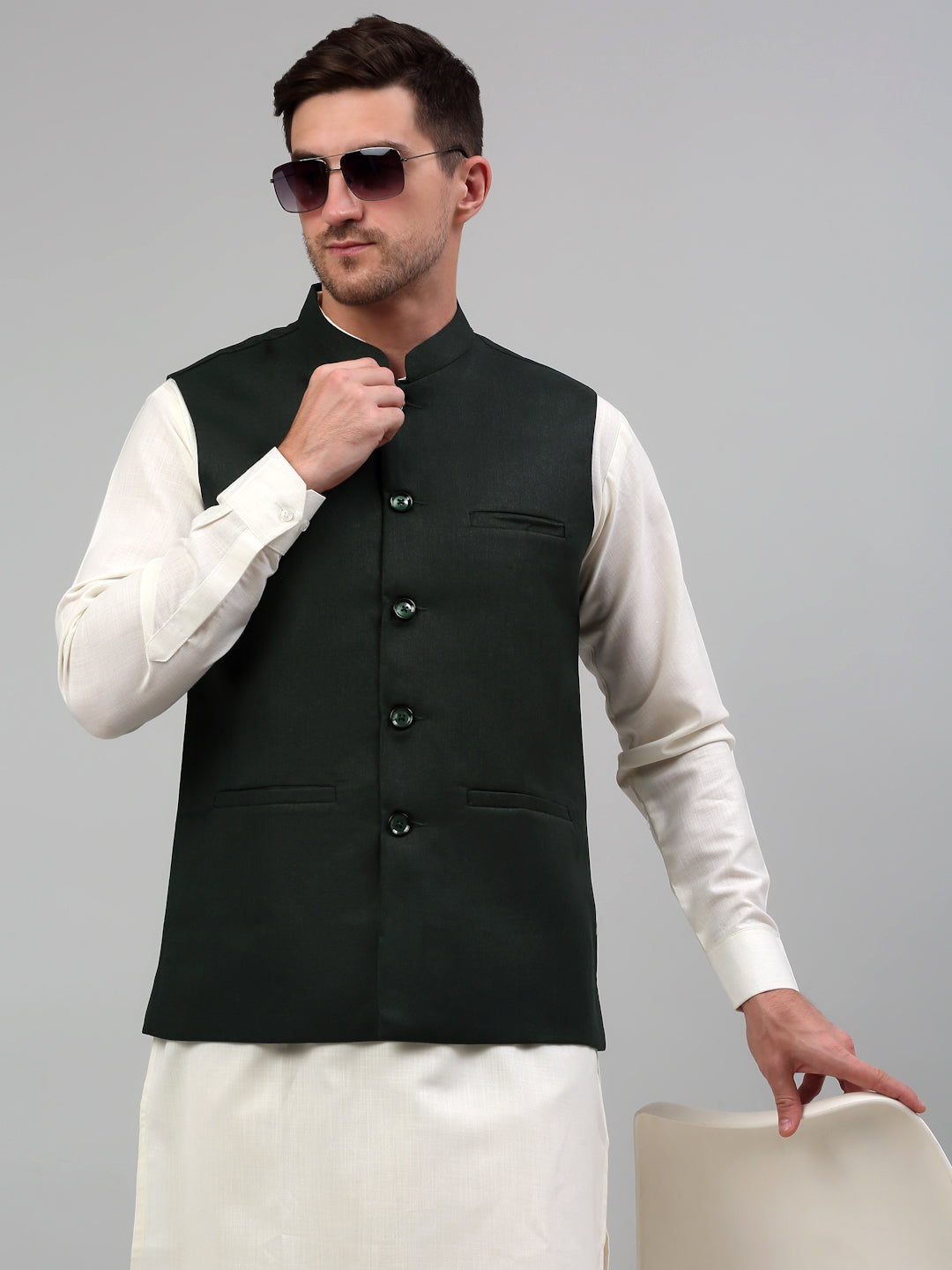 Jompers Men's Nehru Jacket with White Kurta Pyjama
