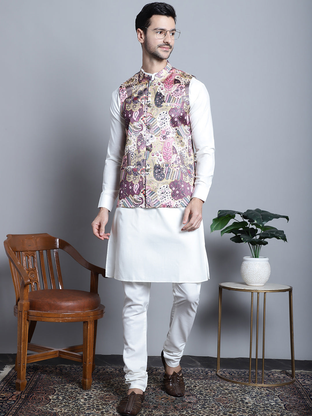 Jompers Men's Digital Print and Zari Work Nehru Jacket With Kurta Pyjama Set - Purple