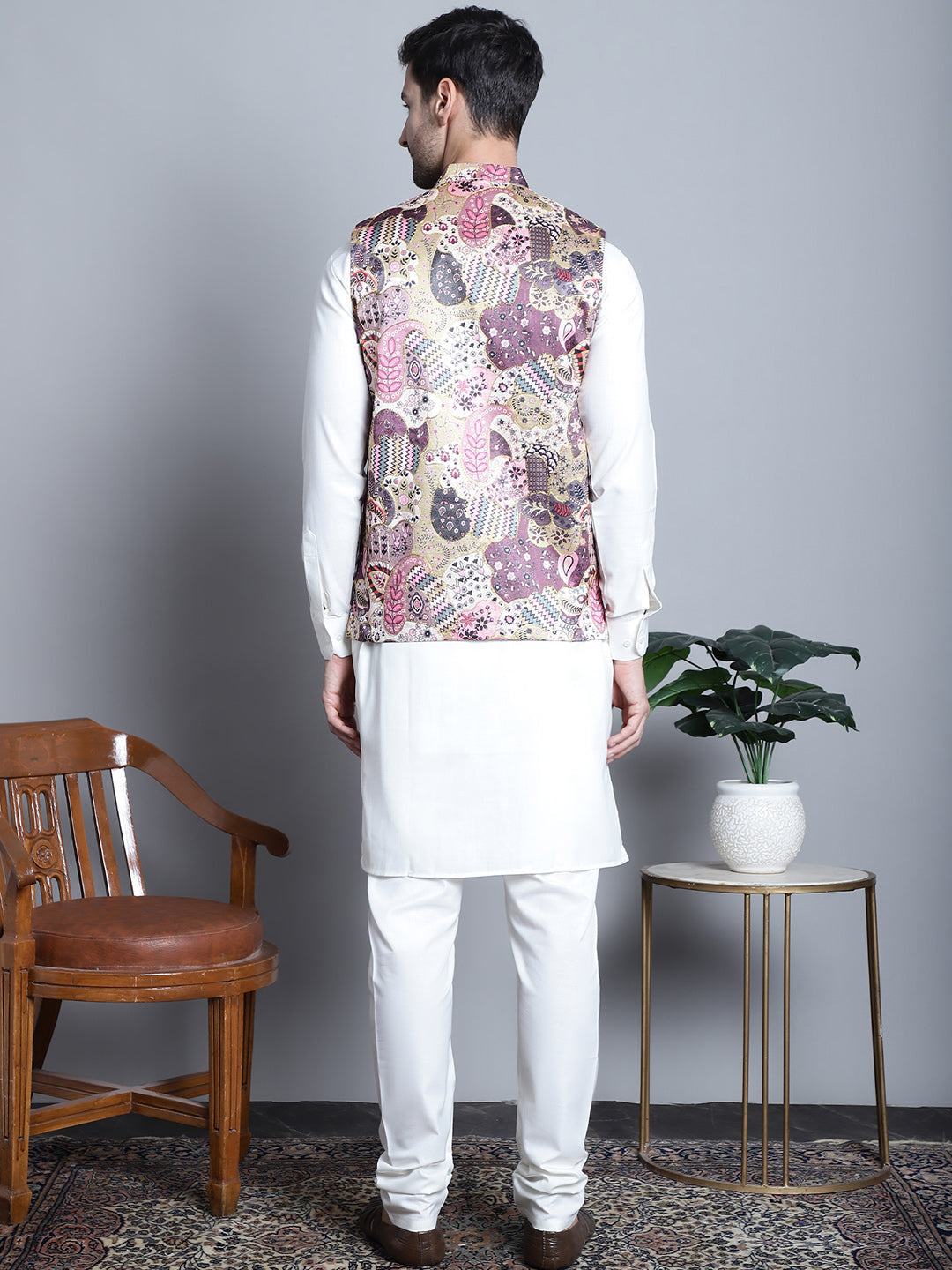 Jompers Men's Digital Print and Zari Work Nehru Jacket With Kurta Pyjama Set - Purple