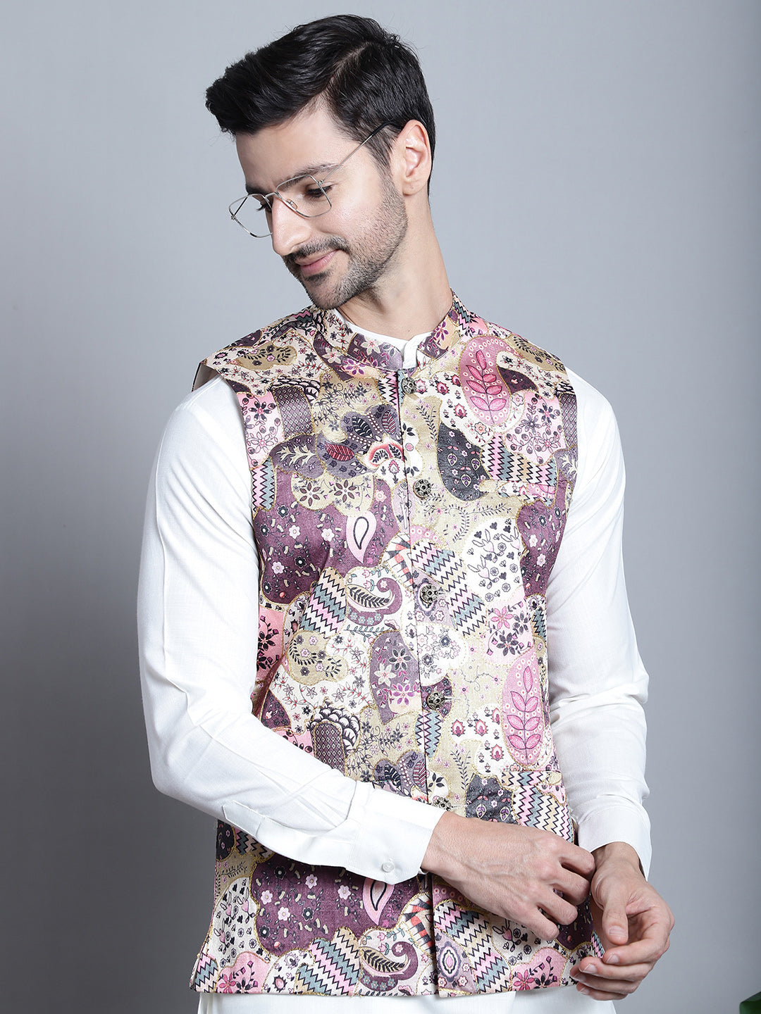 Jompers Men's Digital Print and Zari Work Nehru Jacket With Kurta Pyjama Set - Purple