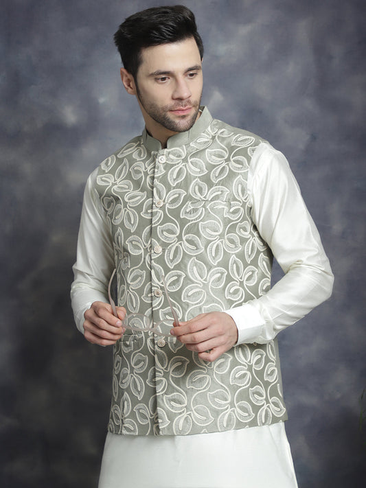 Jompers Men's Embroidred Nehru Jacket With Solid Kurta Pyjama - Pista