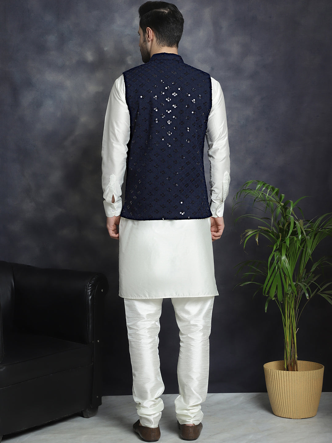 Jompers Men's Sequins and Embroidred Nehru Jacket With Solid Kurta Pyjama - Navy Blue