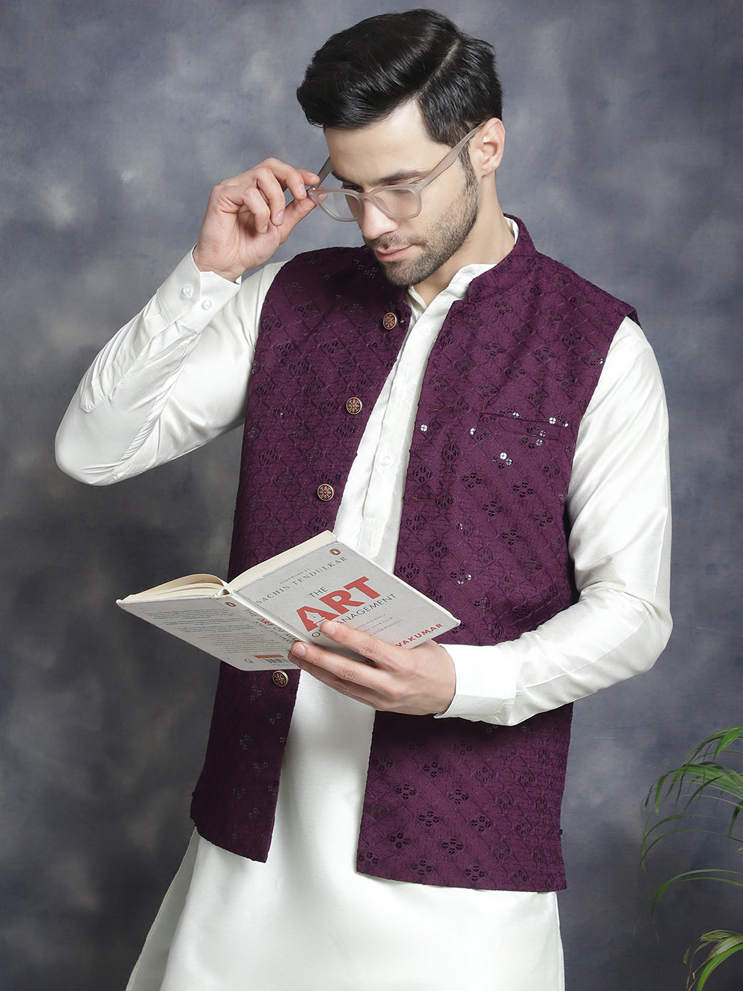 Jompers Men's Sequins and Embroidred Nehru Jacket With Solid Kurta Pyjama - Purple