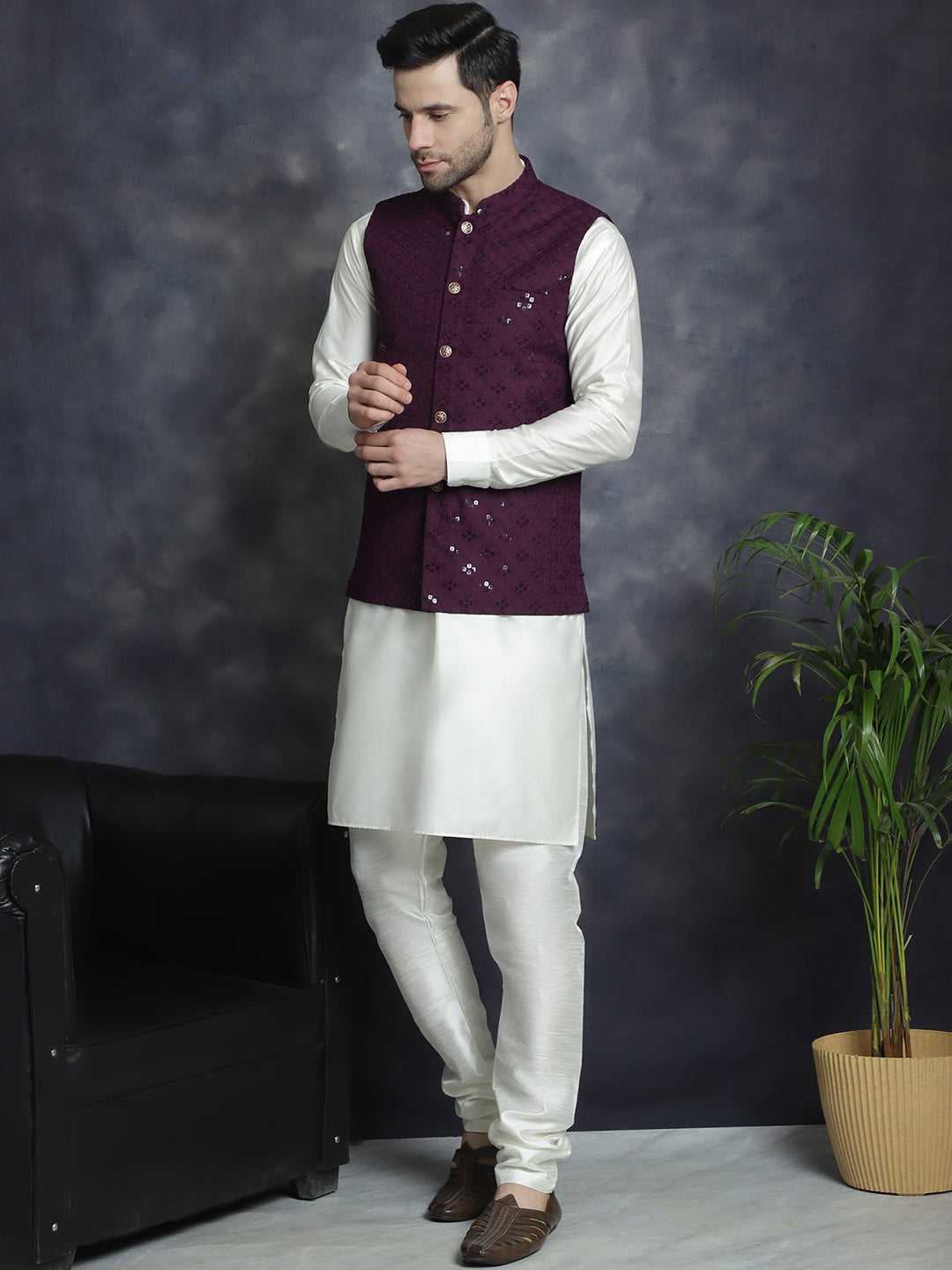 Jompers Men's Sequins and Embroidred Nehru Jacket With Solid Kurta Pyjama - Purple