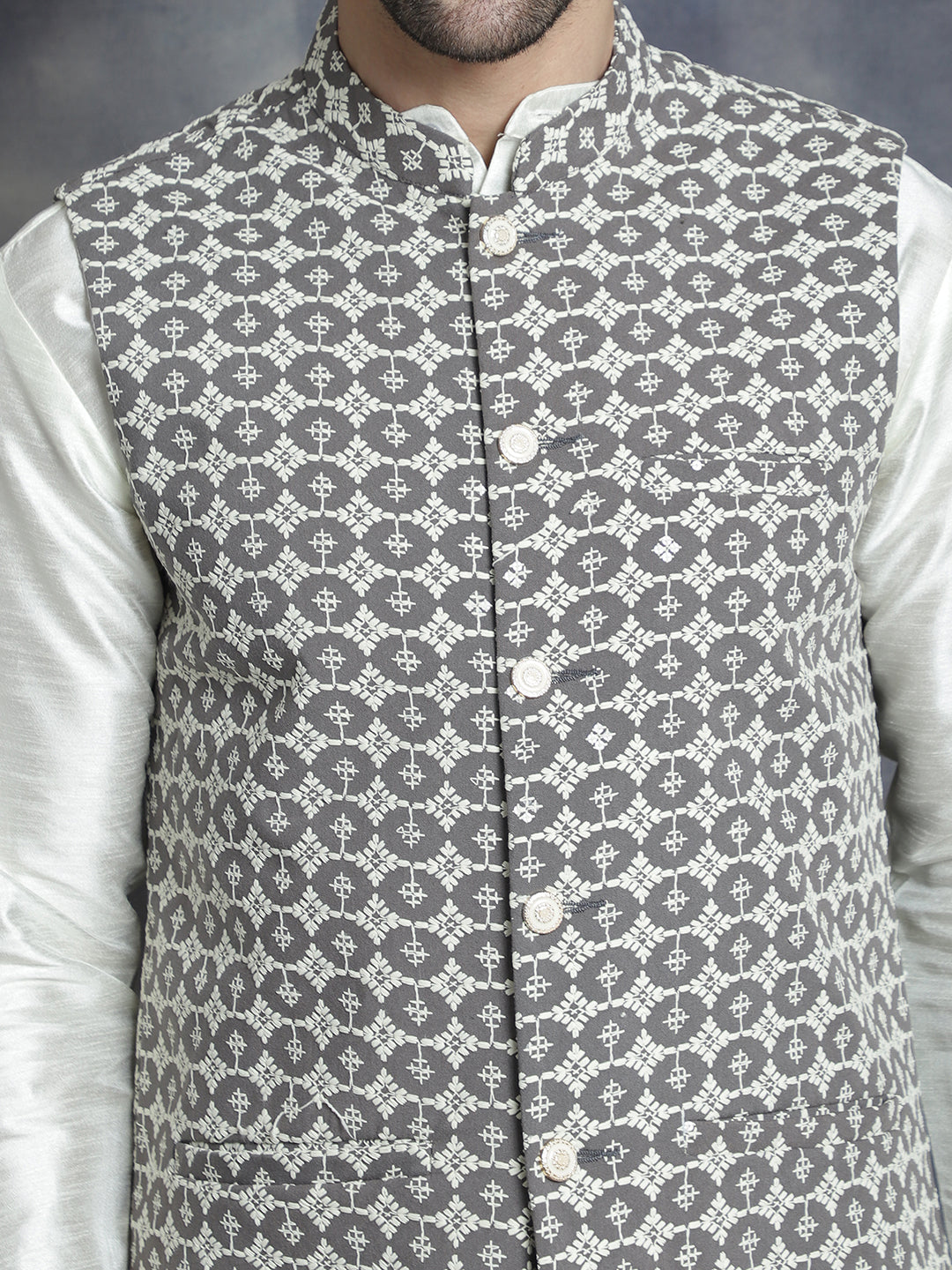 Jompers Men's Embroidred Nehru Jacket With Solid Kurta Pyjama - Grey