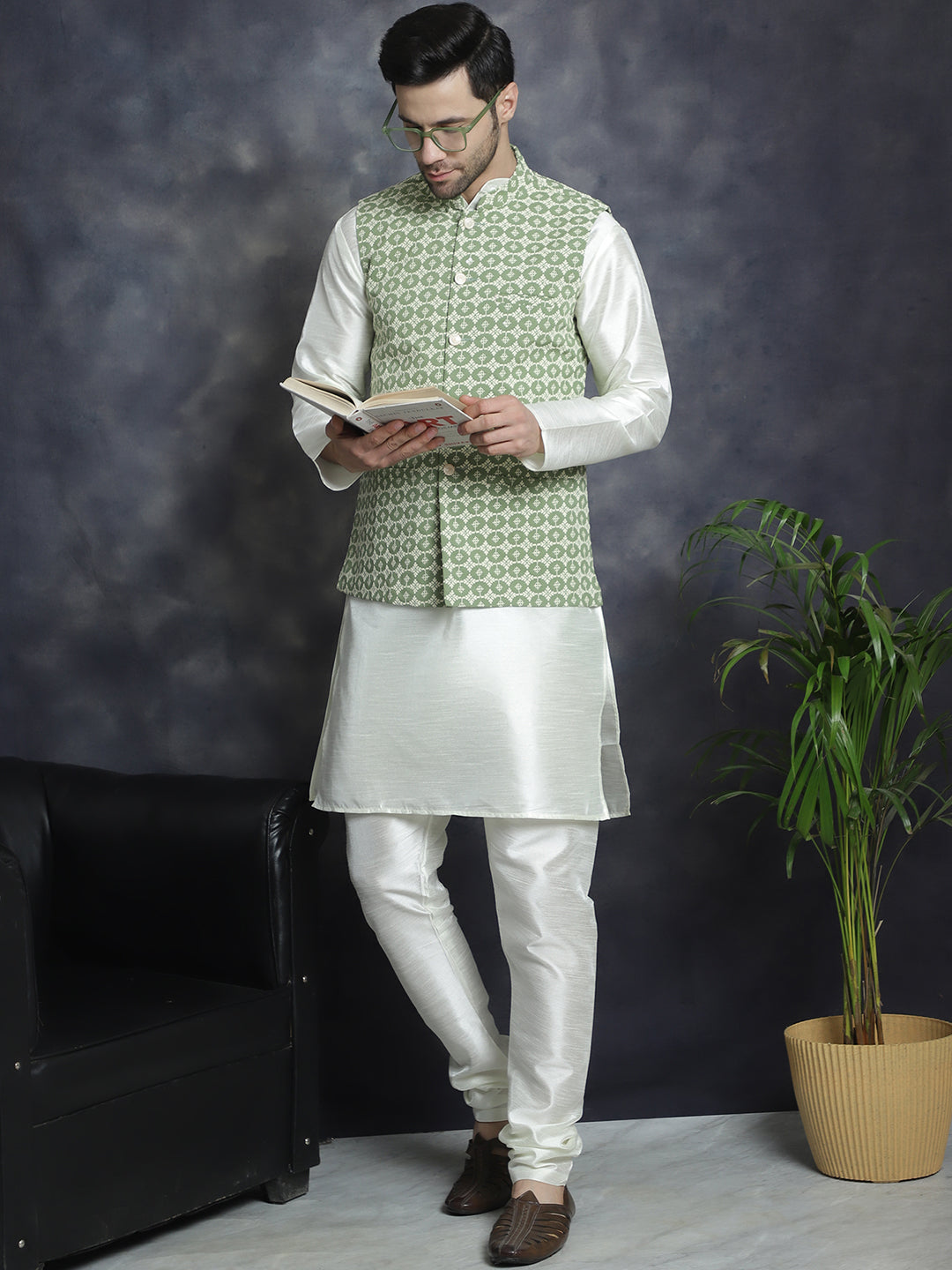 Jompers Men's Embroidred Nehru Jacket With Solid Kurta Pyjama - Mehndi