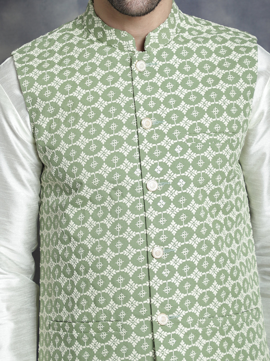 Jompers Men's Embroidred Nehru Jacket With Solid Kurta Pyjama - Mehndi