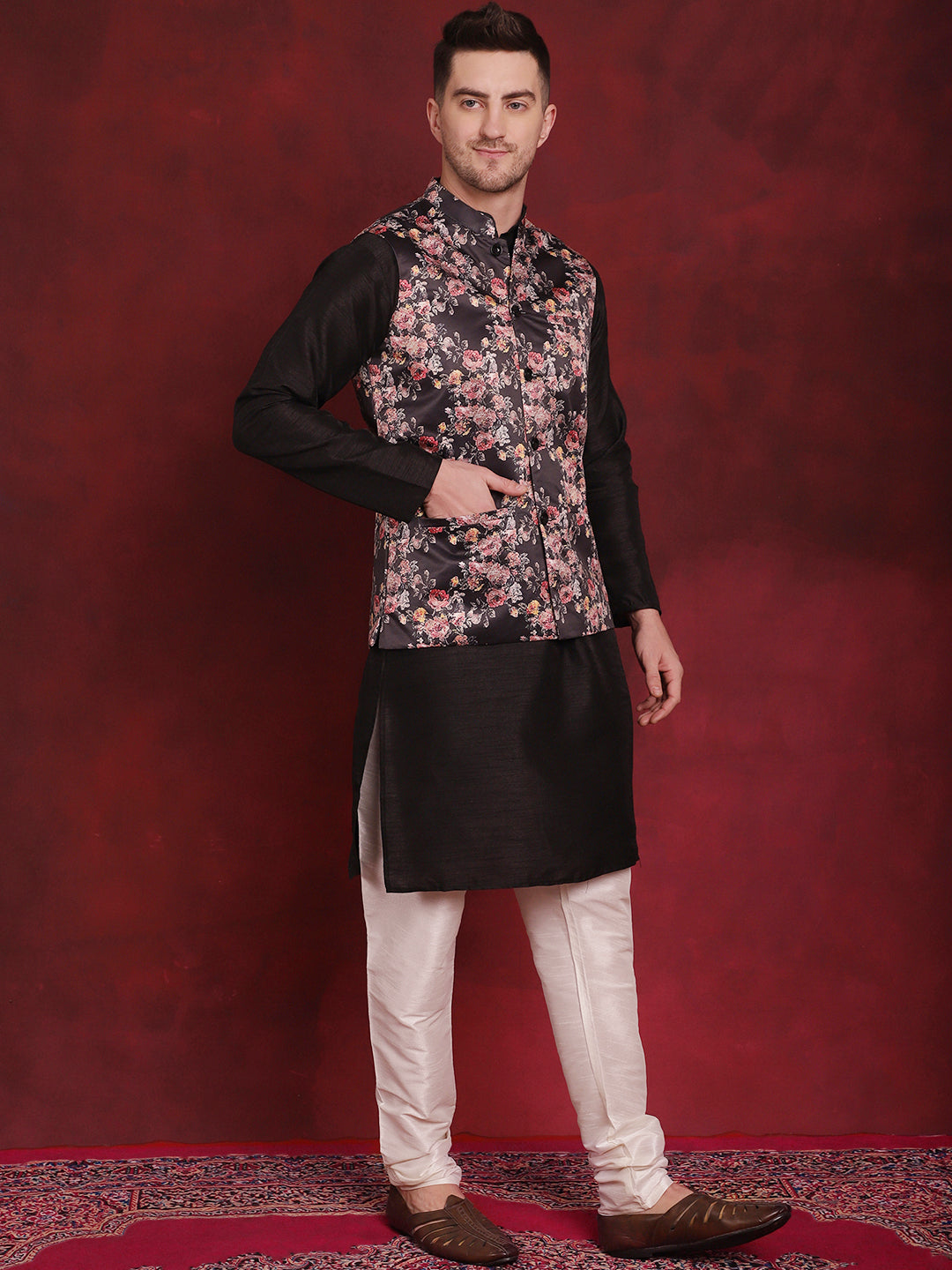 Jompers Men's Black Floral Printed Nehru Jacket With Kurta Pyjama Set