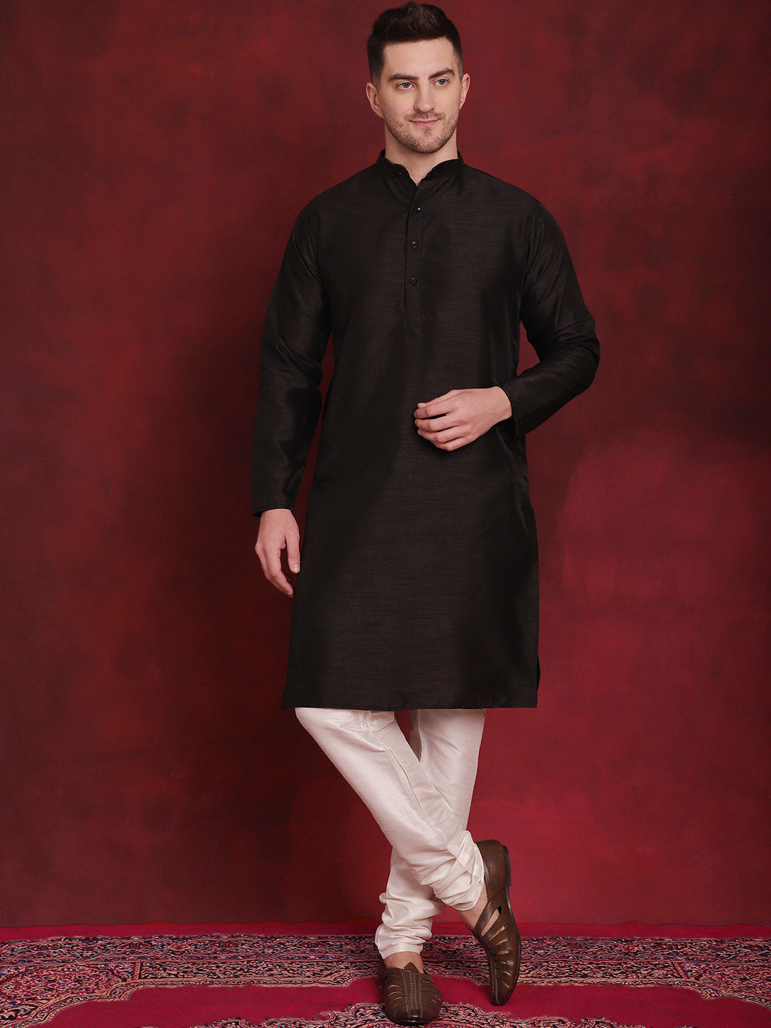 Jompers Men's Black Floral Printed Nehru Jacket With Kurta Pyjama Set