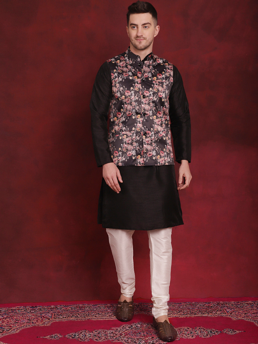 Jompers Men's Black Floral Printed Nehru Jacket With Kurta Pyjama Set