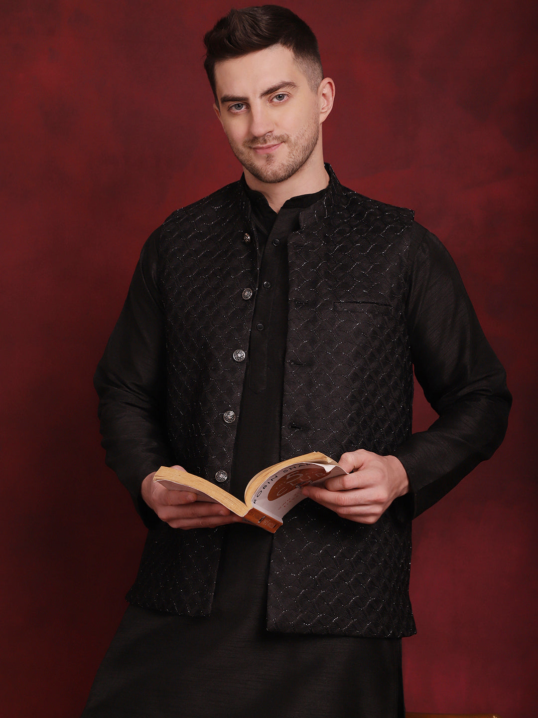 Jompers Men's Black Woven Design Nehru Jacket With Kurta Pyjama Set