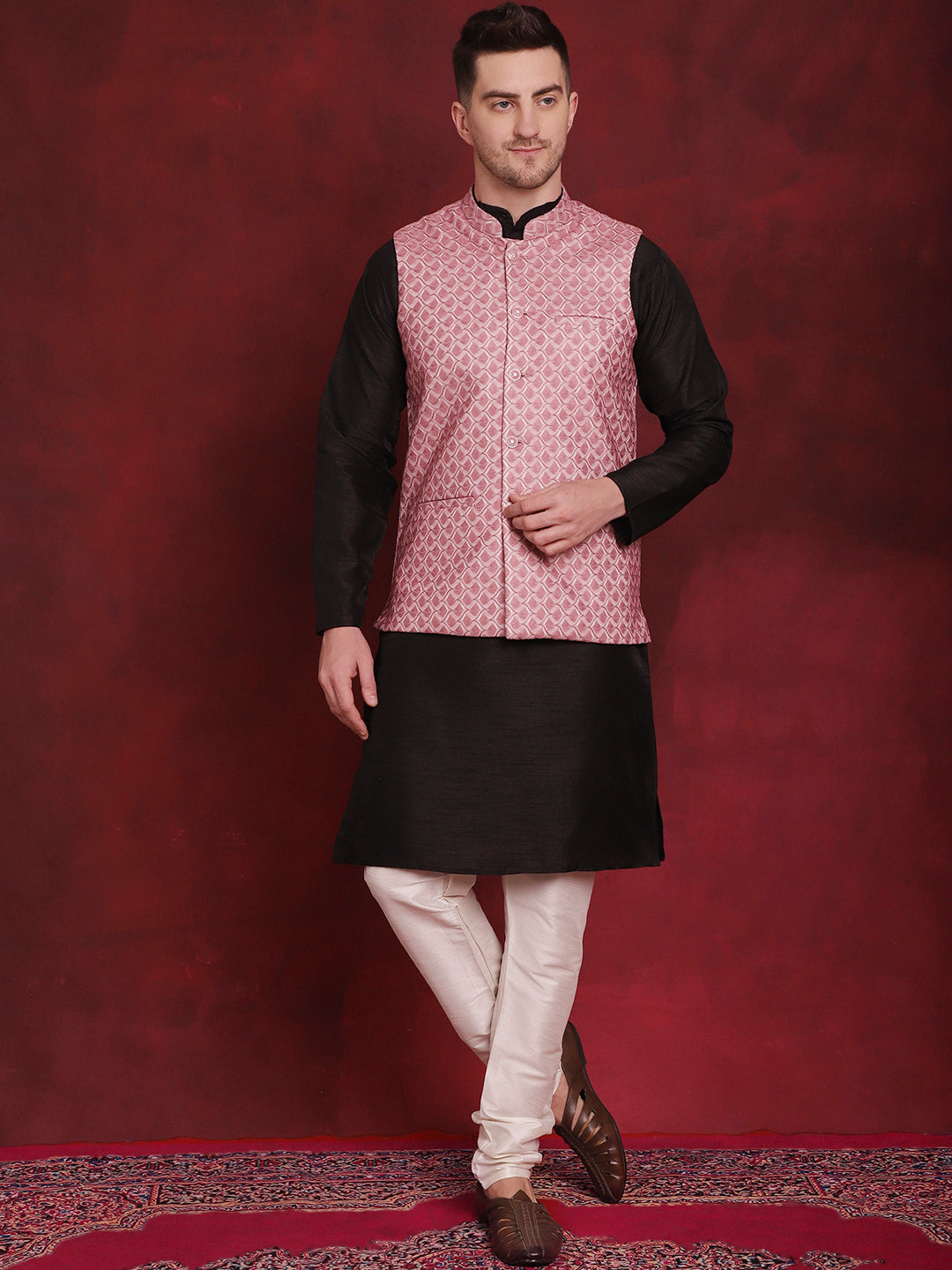 Jompers Men's Coral Woven Design Nehru Jacket With Kurta Pyjama Set