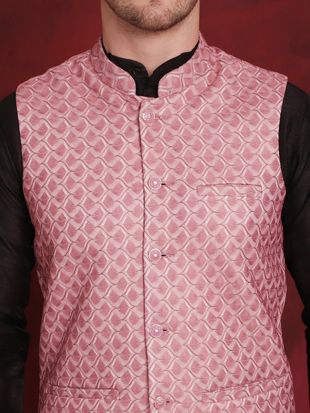 Jompers Men's Coral Woven Design Nehru Jacket With Kurta Pyjama Set