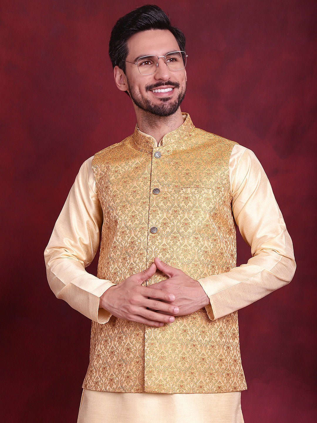 Jompers Men's Woven Design Nehru Jacket With Kurta Pyjama Set - Mustard