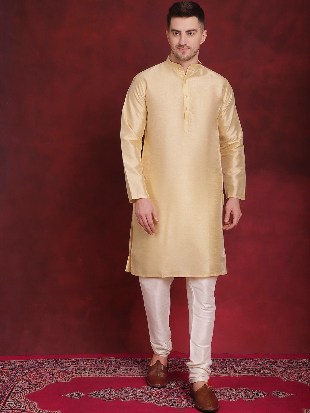 Jompers Men's White Woven Design Nehru Jacket With Kurta Pyjama Set