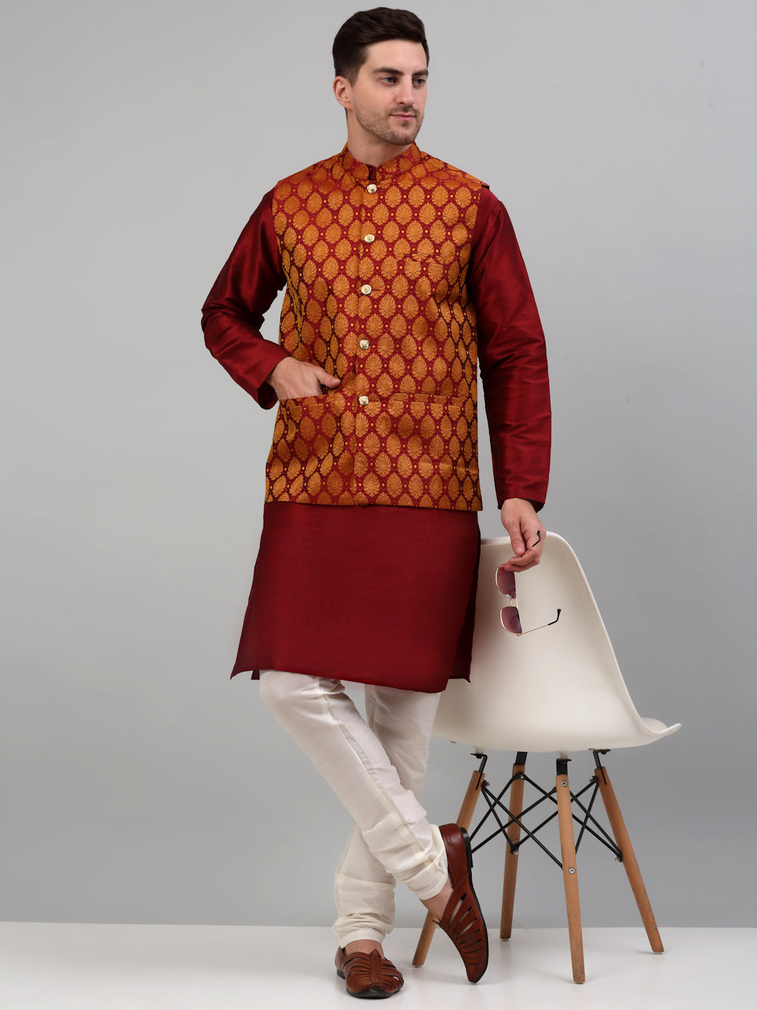 Jompers Men's Woven Design Nehru Jacket and Kurta Pyjama Set - Maroon