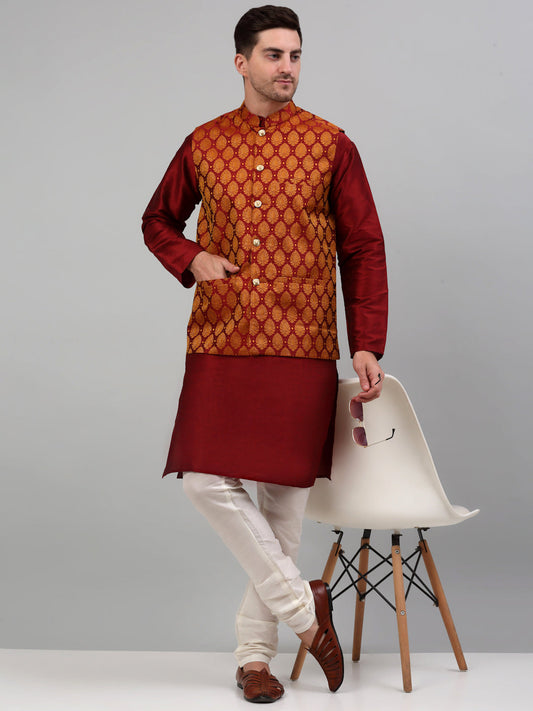 Jompers Men's Woven Design Nehru Jacket and Kurta Pyjama Set - Maroon