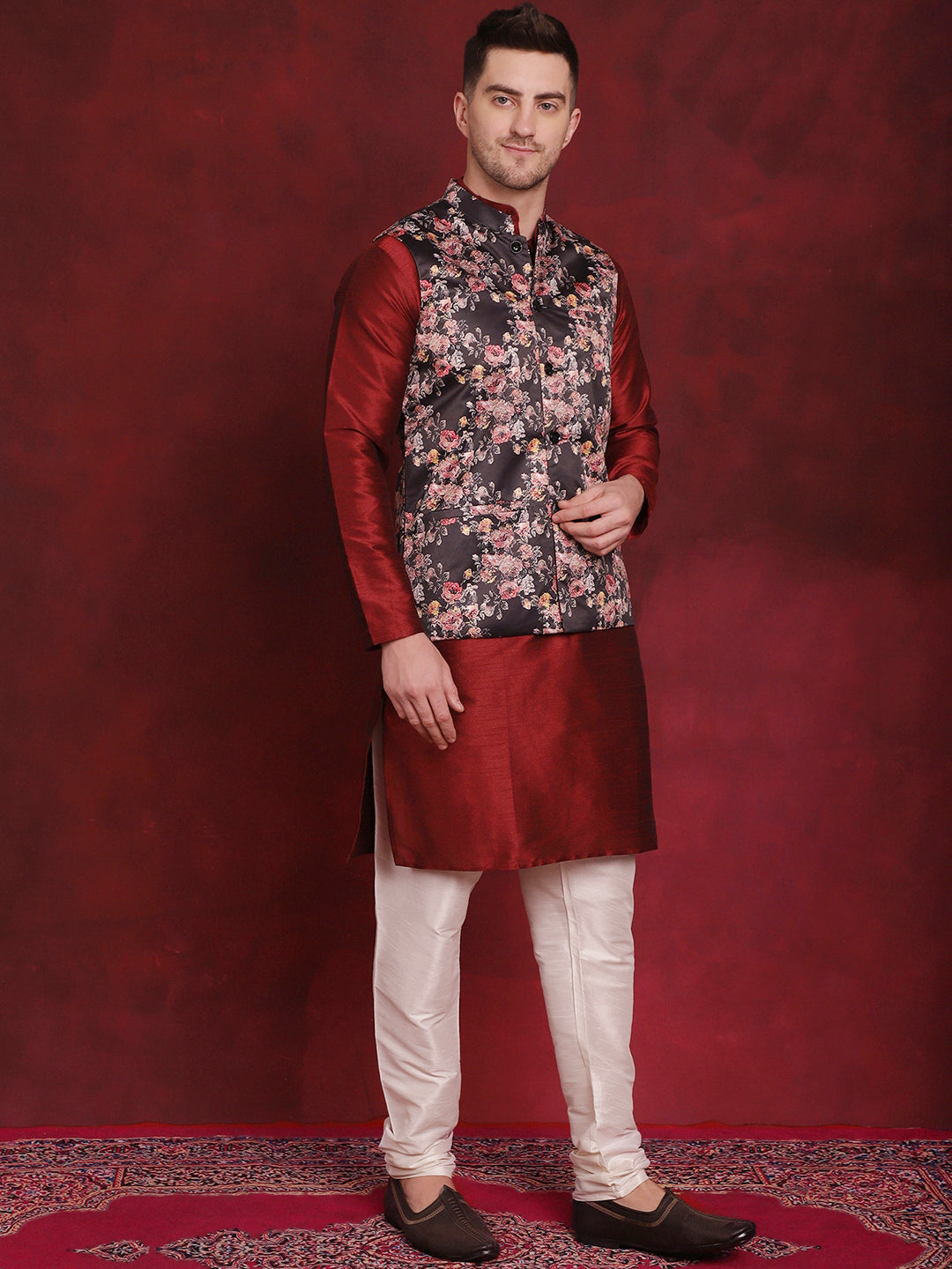 Jompers Men's Black Floral Printed Nehru Jacket With Kurta Pyjama Set