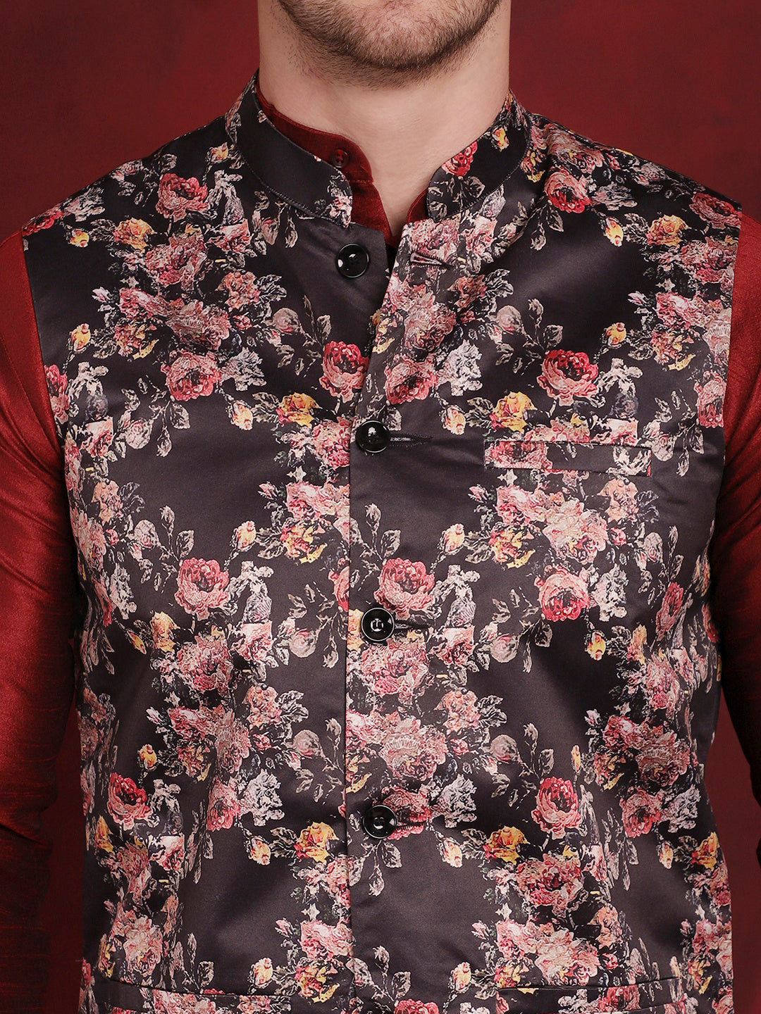 Jompers Men's Black Floral Printed Nehru Jacket With Kurta Pyjama Set