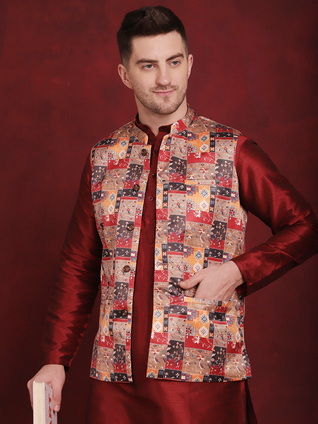 Jompers Men's Multi Printed Nehru Jacket With Kurta Pyjama Set