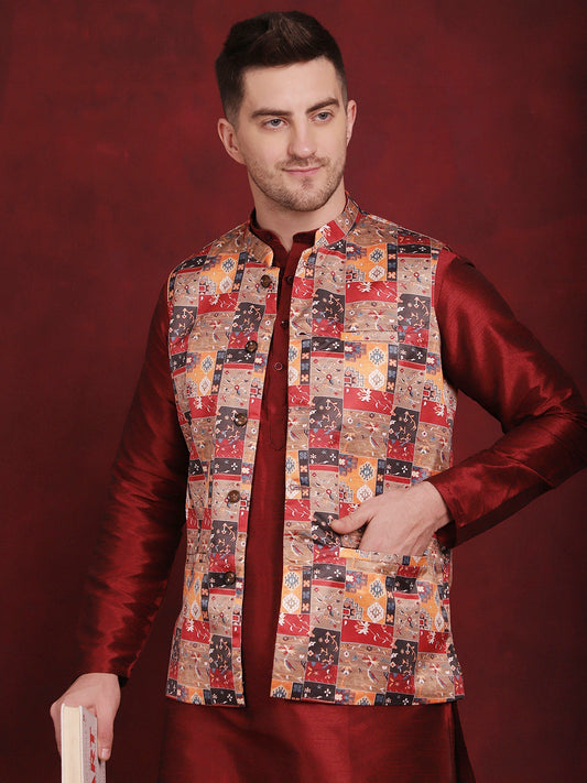 Jompers Men's Multi Printed Nehru Jacket With Kurta Pyjama Set