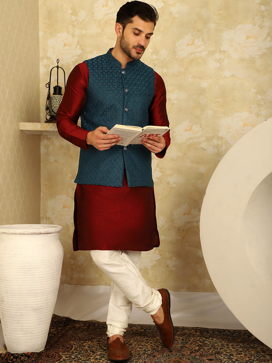 Jompers Men's Blue Woven Design Nehru Jacket With Kurta Pyjama Set