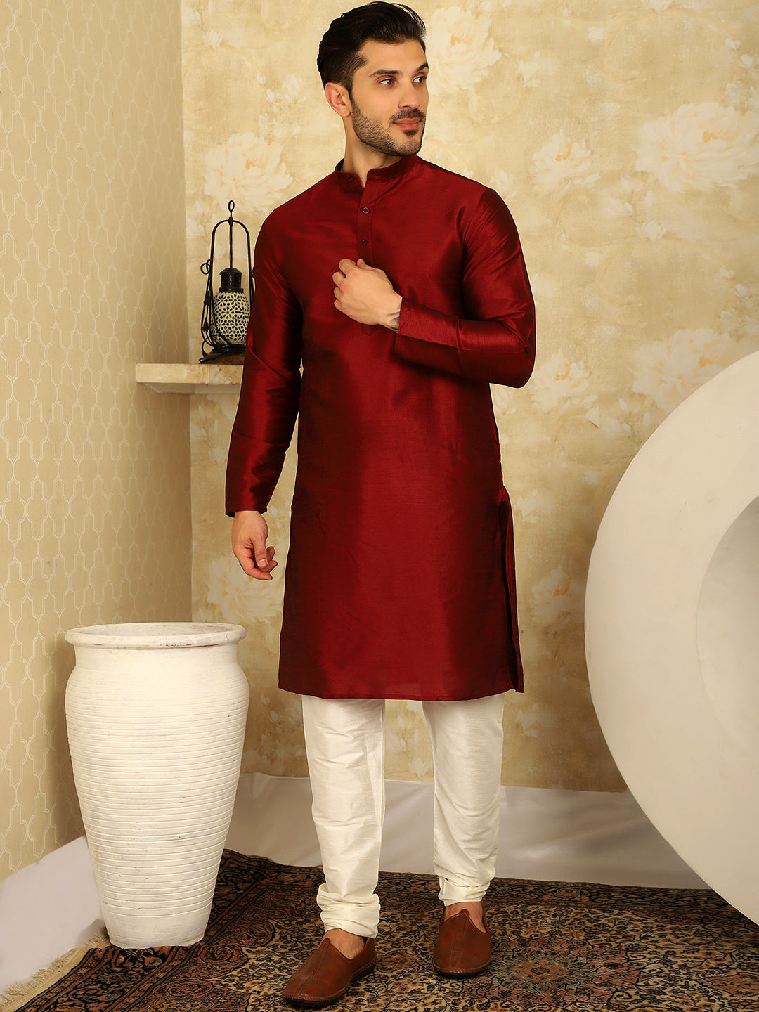 Jompers Men's Blue Woven Design Nehru Jacket With Kurta Pyjama Set