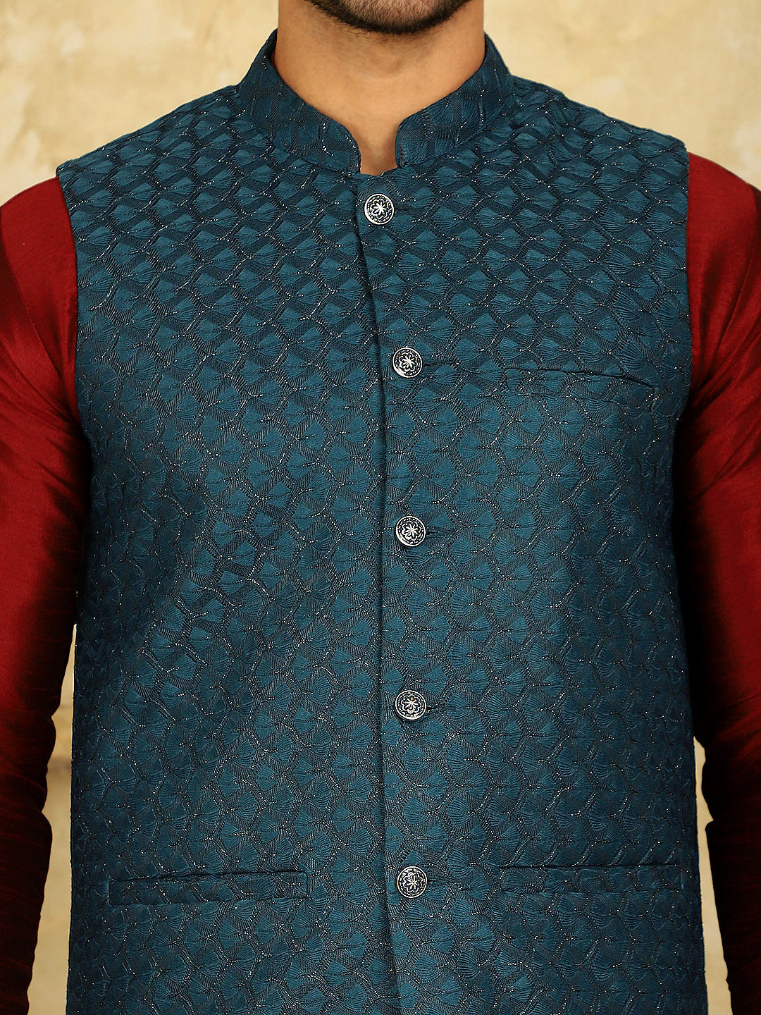 Jompers Men's Blue Woven Design Nehru Jacket With Kurta Pyjama Set