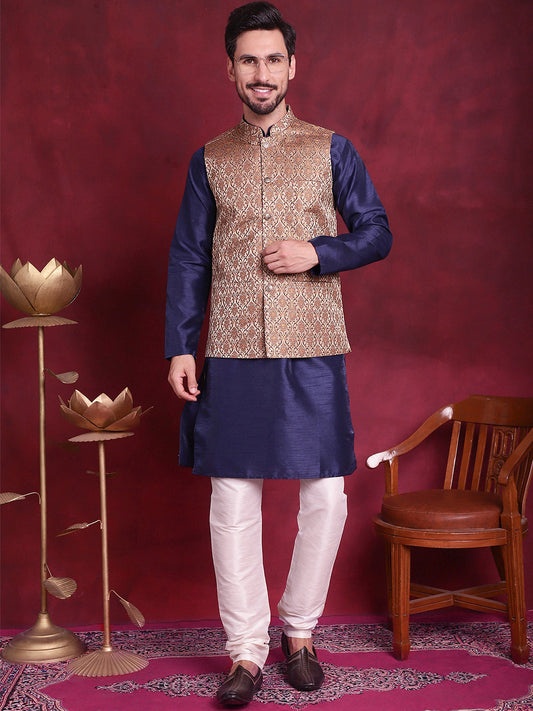 Jompers Men's Woven Design Nehru Jacket With Kurta Pyjama Set - Brown