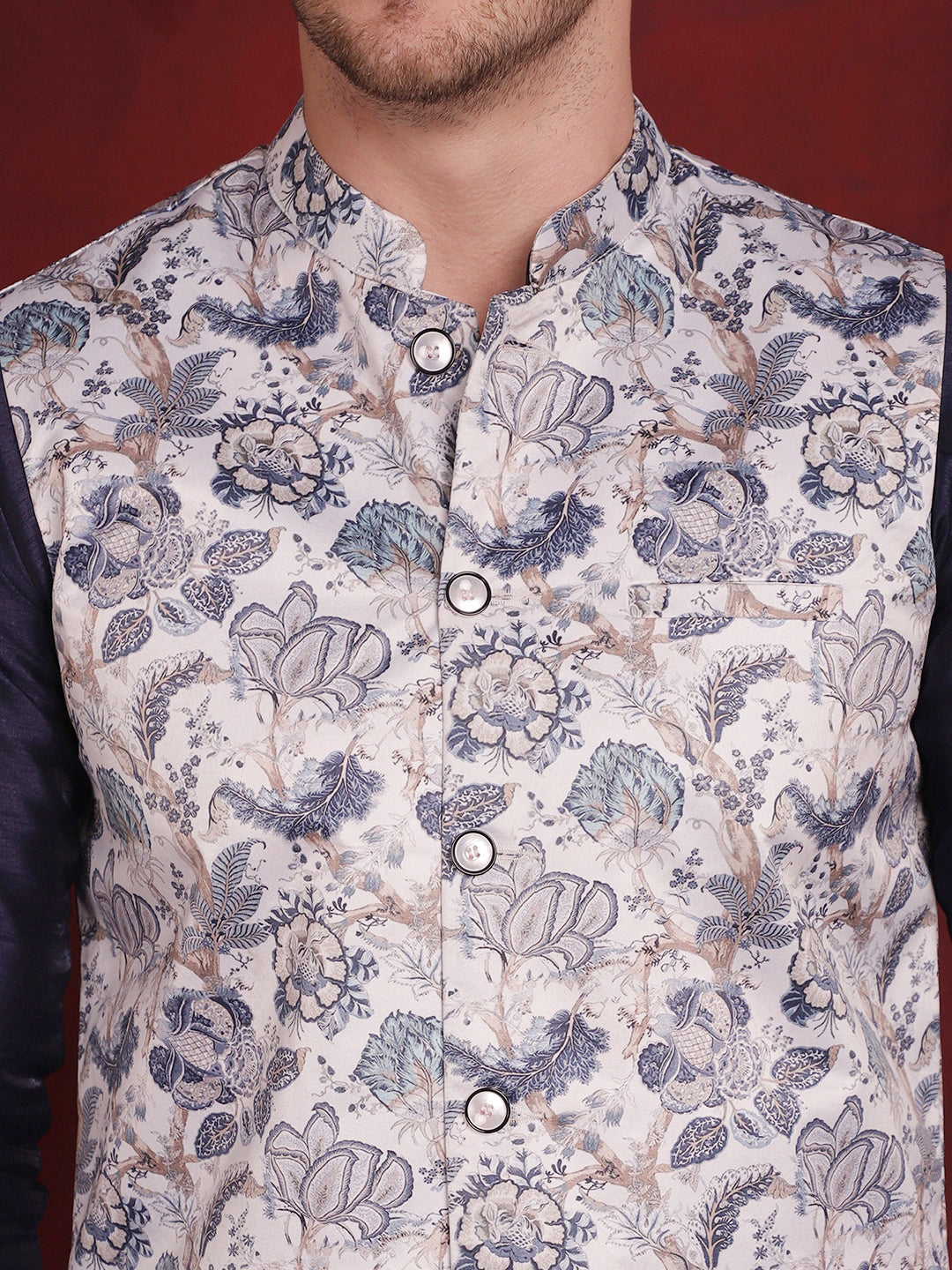 Jompers Men's White Floral Printed Nehru Jacket With Kurta Pyjama Set