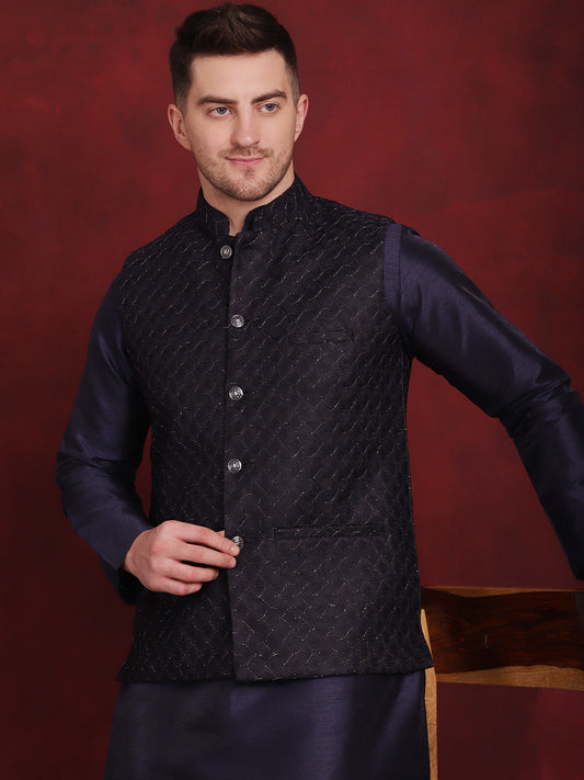 Jompers Men's Navy Blue Woven Design Nehru Jacket With Kurta Pyjama Set