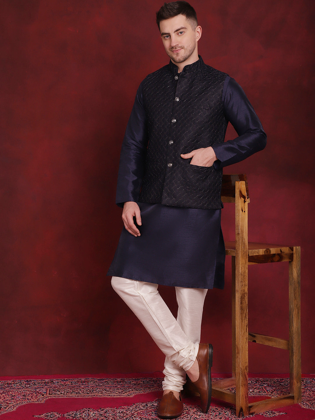 Jompers Men's Navy Blue Woven Design Nehru Jacket With Kurta Pyjama Set