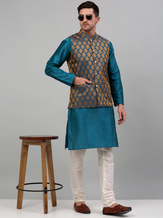 Jompers Men's Woven Design Nehru Jacket and Kurta Pyjama Set - Blue