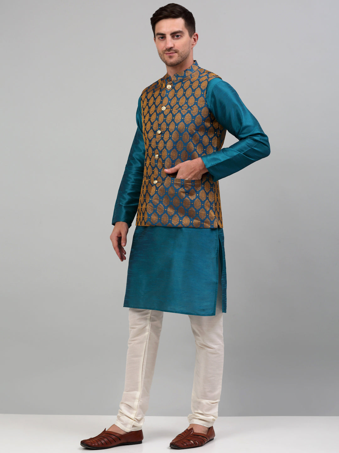 Jompers Men's Woven Design Nehru Jacket and Kurta Pyjama Set - Blue