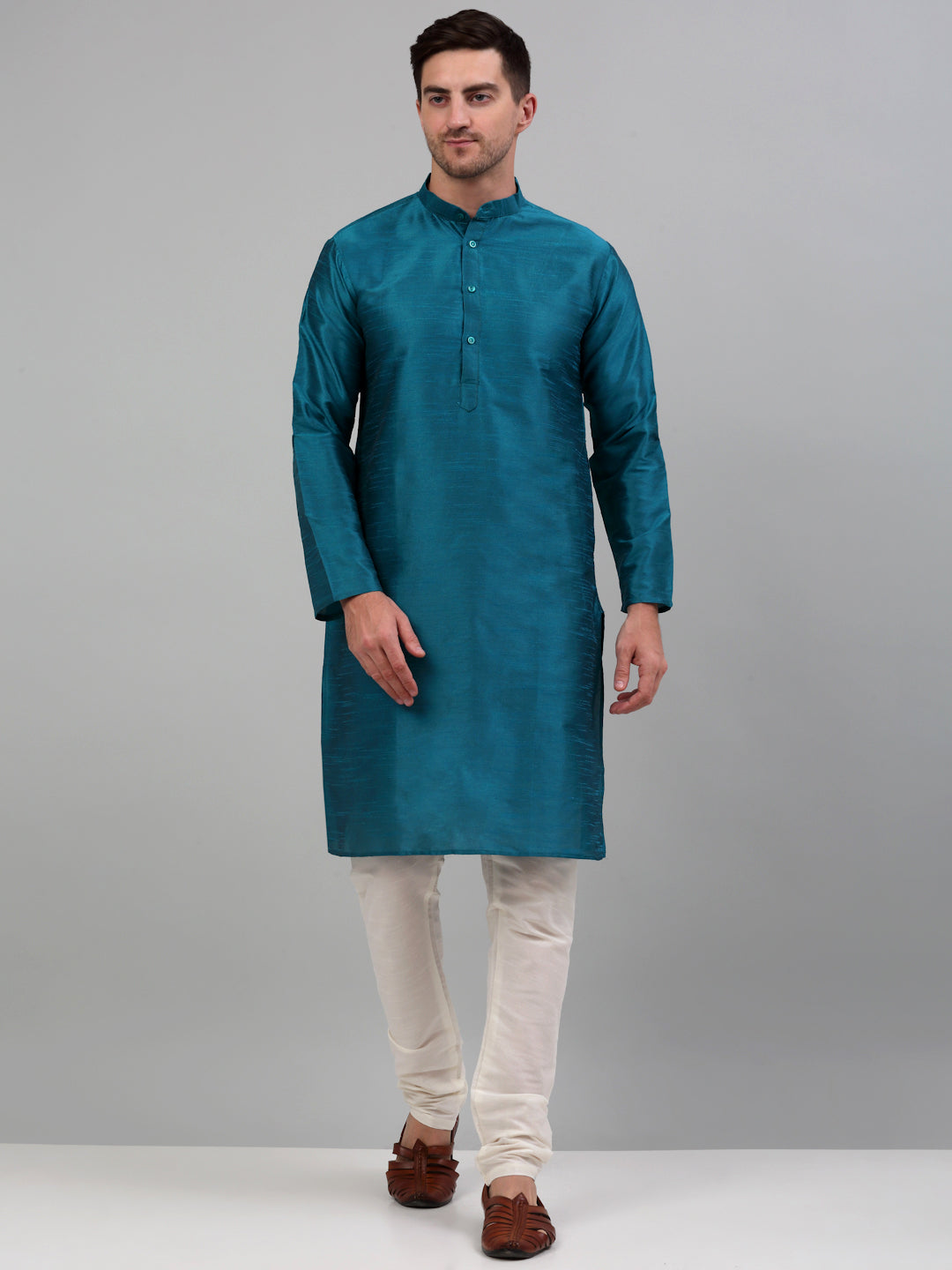 Jompers Men's Woven Design Nehru Jacket and Kurta Pyjama Set - Blue