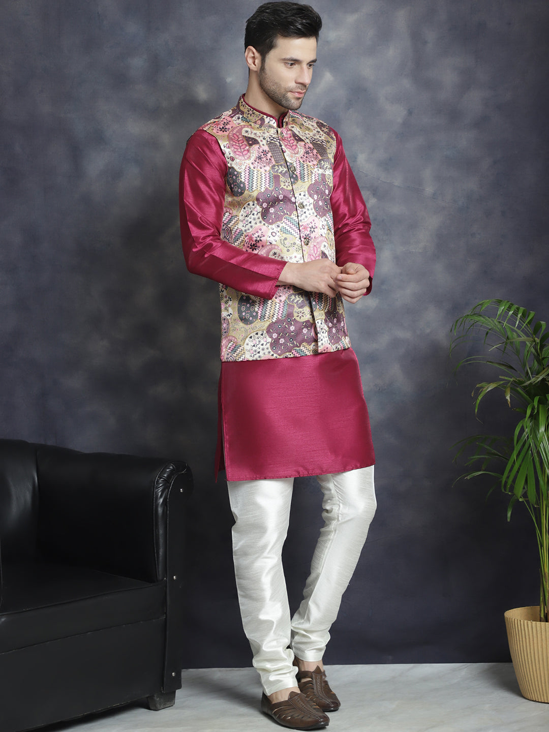 Jompers Men's Digital Print and Zari Work Nehru Jacket With Kurta Pyjama Set - Purple