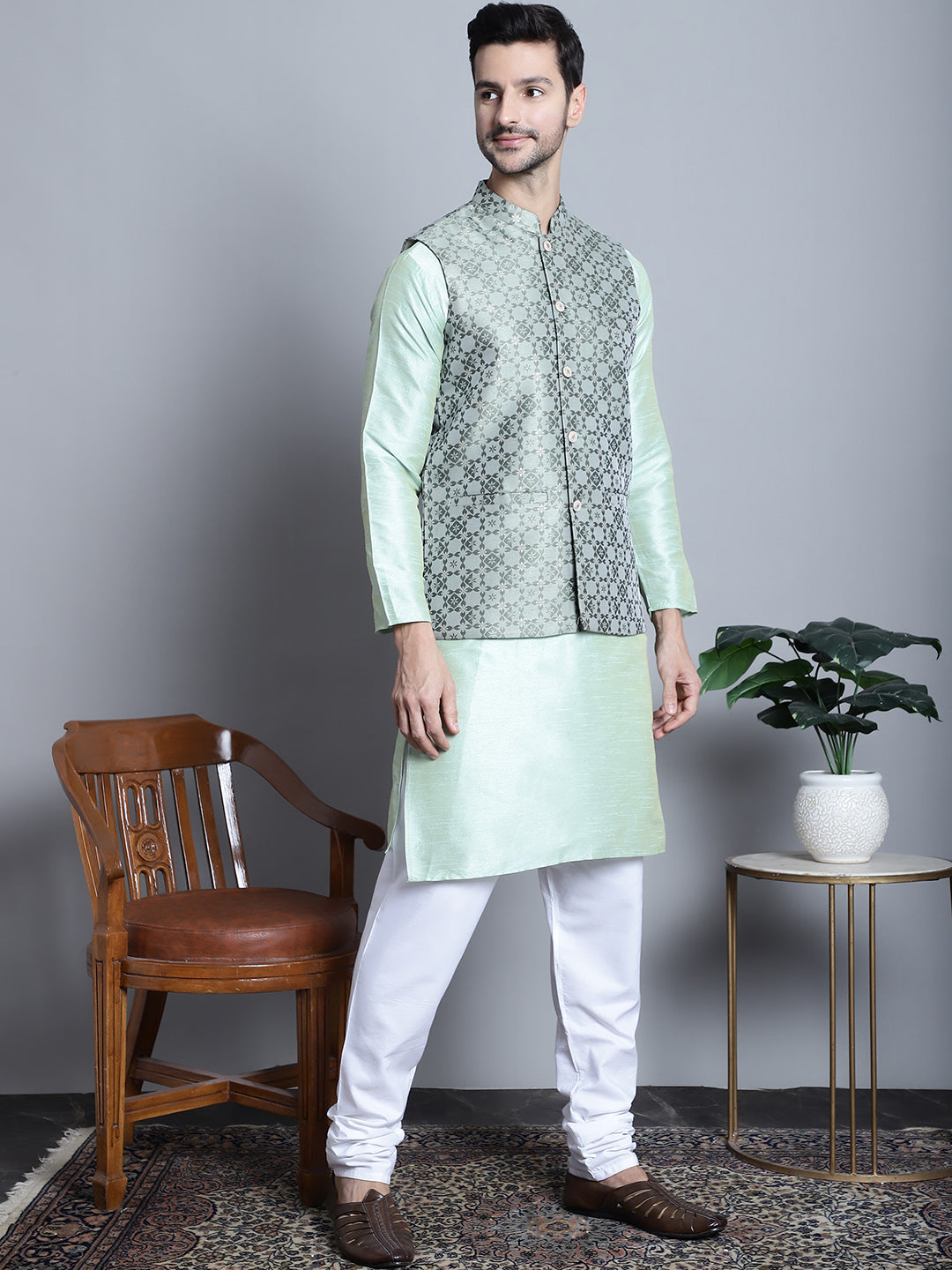 Jompers Men's Woven Design Nehru Jacket With Kurta Pyjama Set - Pista