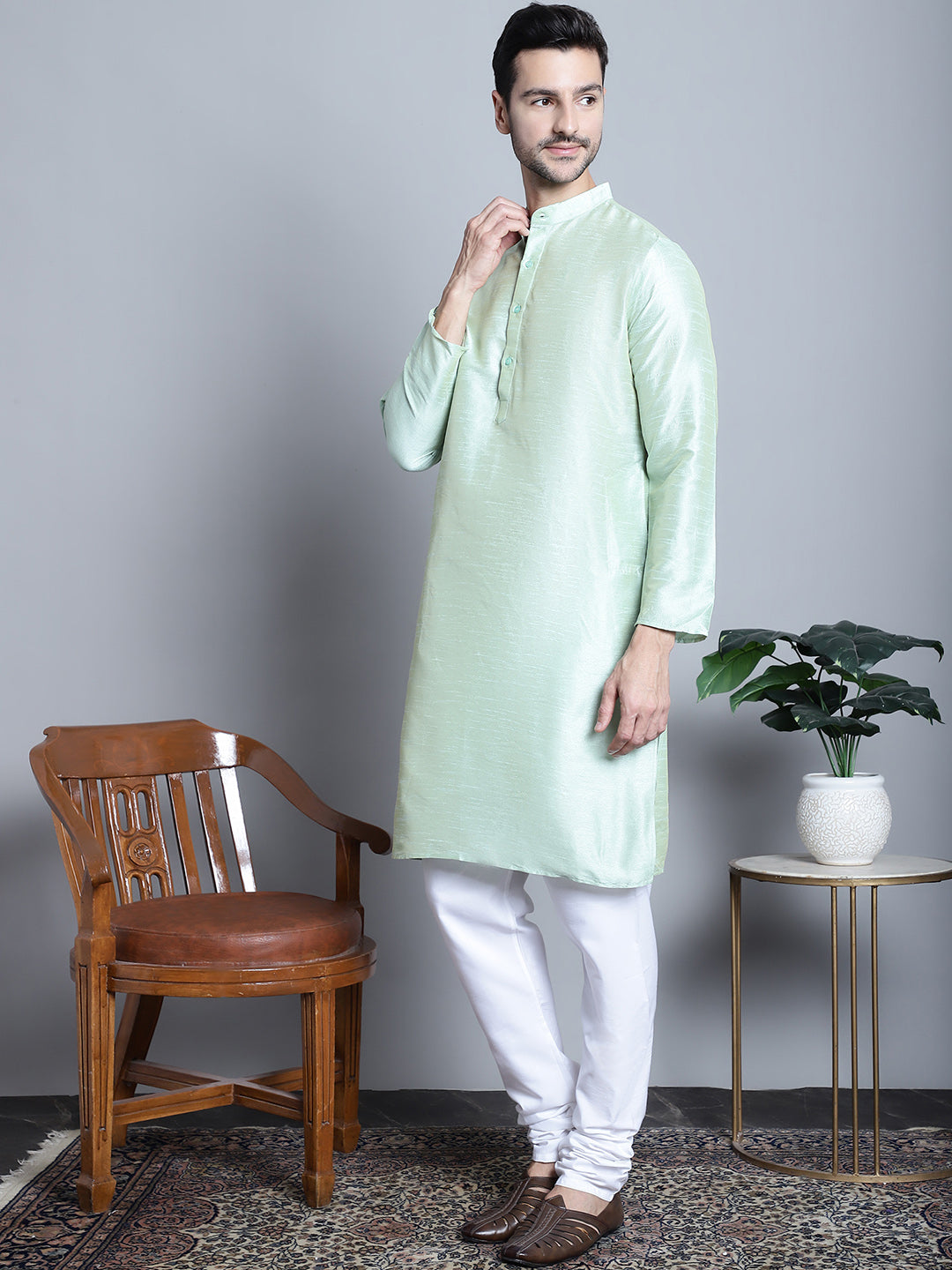 Jompers Men's Woven Design Nehru Jacket With Kurta Pyjama Set - Pista