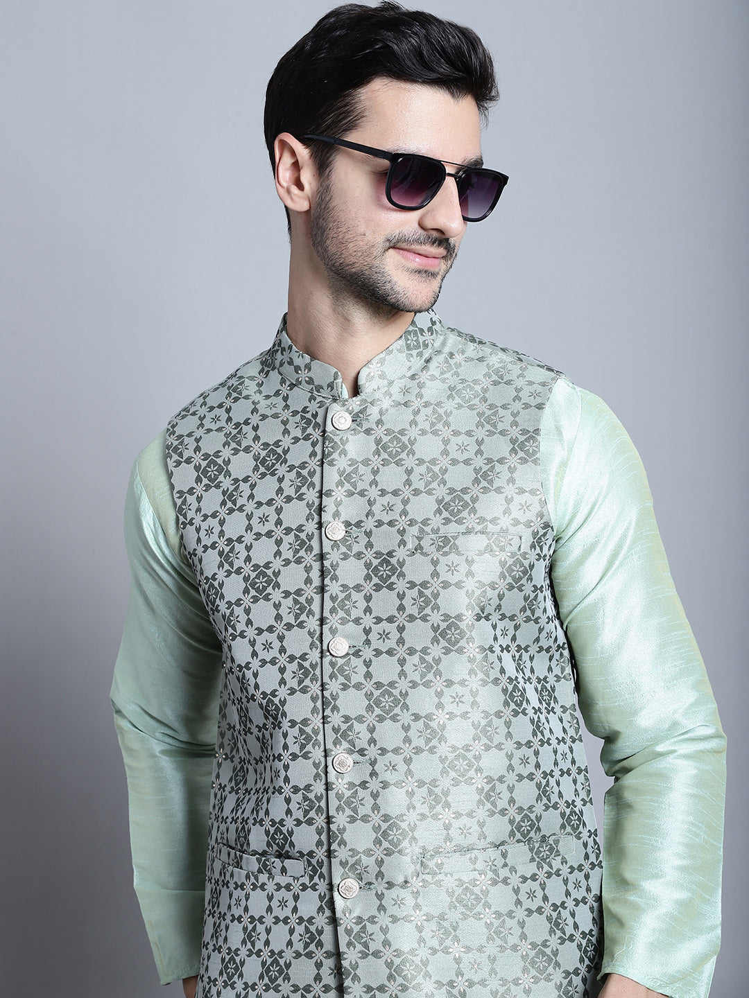 Jompers Men's Woven Design Nehru Jacket With Kurta Pyjama Set - Pista