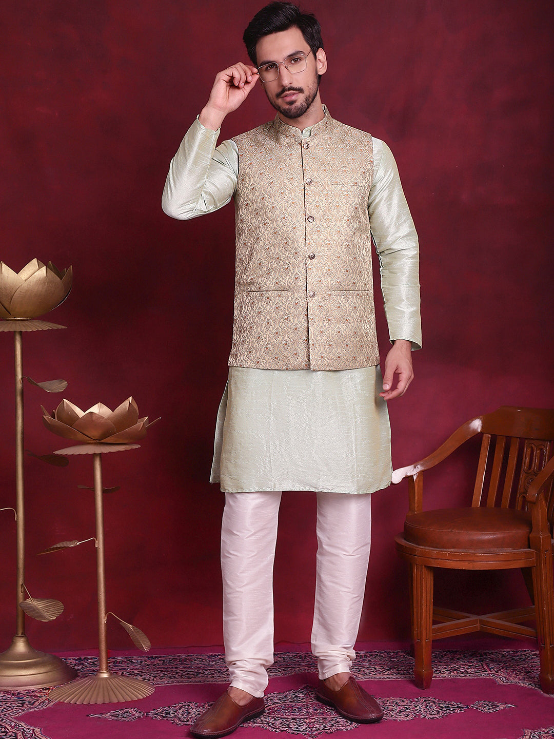 Jompers Men's Woven Design Nehru Jacket With Kurta Pyjama Set - Golden